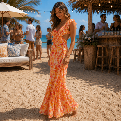 Graceful V-Neck Maxi Dress with Feminine Floral Charm