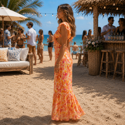 Graceful V-Neck Maxi Dress with Feminine Floral Charm