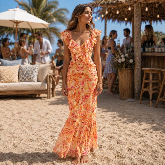 Graceful V-Neck Maxi Dress with Feminine Floral Charm