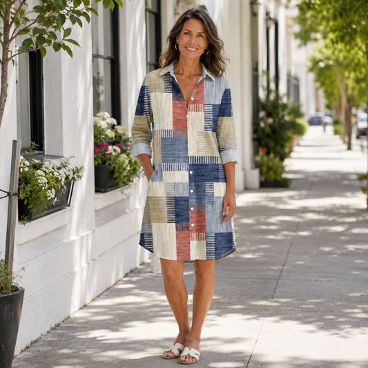 Patchwork Midi Shirt Dress in Muted Tones