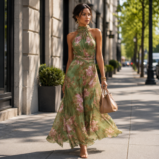 Garden Halter Maxi Dress in Green