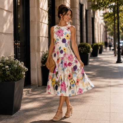 Round Neck Midi Dress with Charming Floral Print Detail