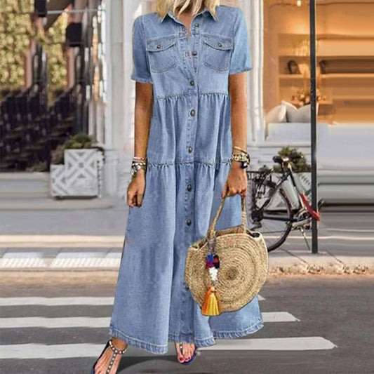 Chic Denim Midi Dress - Button-Down Shirt Dress for Effortless Style 0