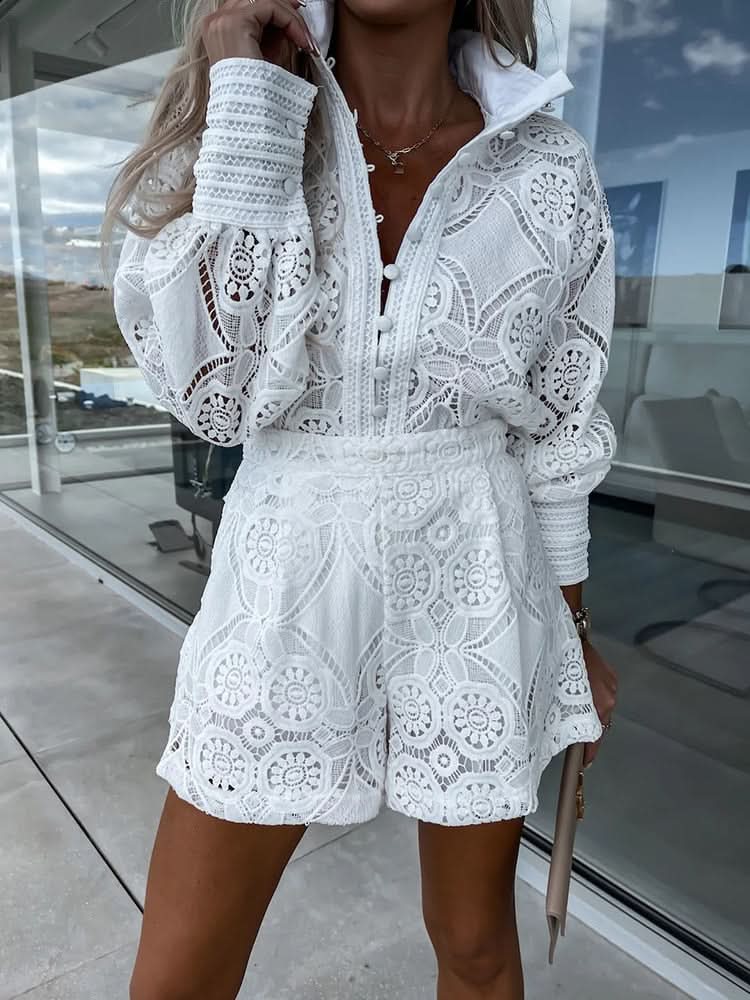Chic Lace Two Piece Set - Long Sleeve Blouse & High-Waist Shorts Co Ord Set 0