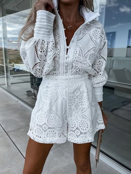 Chic Lace Two Piece Set - Long Sleeve Blouse & High-Waist Shorts Co Ord Set 0