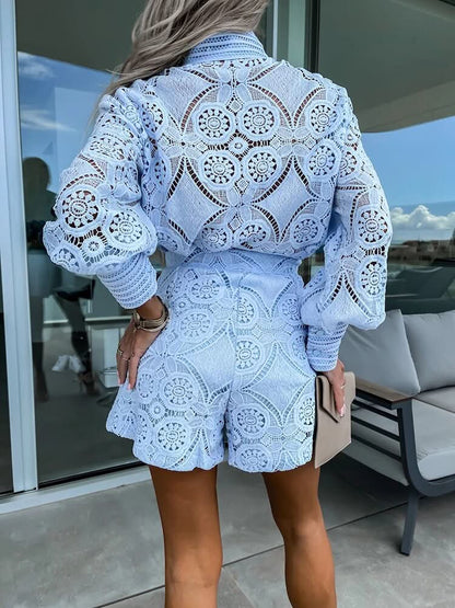 Chic Lace Two Piece Set - Long Sleeve Blouse & High-Waist Shorts Co Ord Set 10