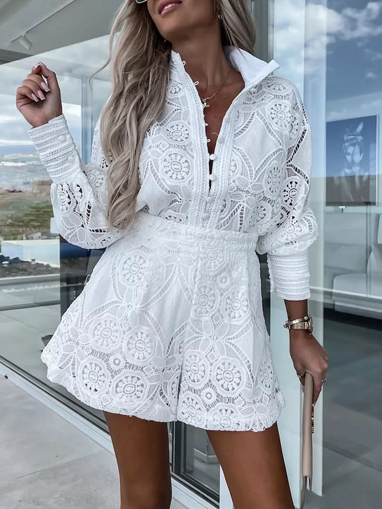 Chic Lace Two Piece Set - Long Sleeve Blouse & High-Waist Shorts Co Ord Set 3