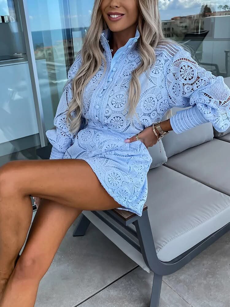 Chic Lace Two Piece Set - Long Sleeve Blouse & High-Waist Shorts Co Ord Set 8