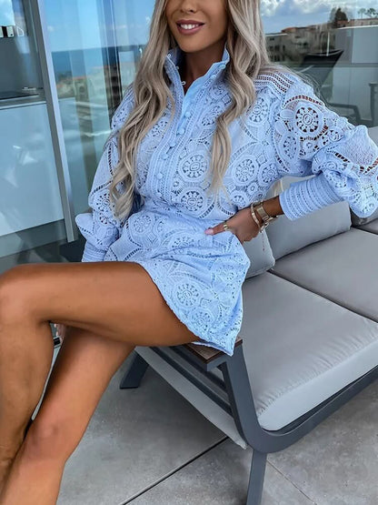 Chic Lace Two Piece Set - Long Sleeve Blouse & High-Waist Shorts Co Ord Set 8