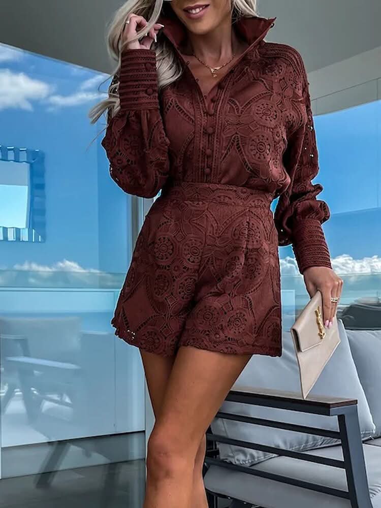 Chic Lace Two Piece Set - Long Sleeve Blouse & High-Waist Shorts Co Ord Set 9