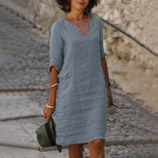 Chic Vintage Mini Dress - V-neck Cotton Linen Casual Summer Wear 7