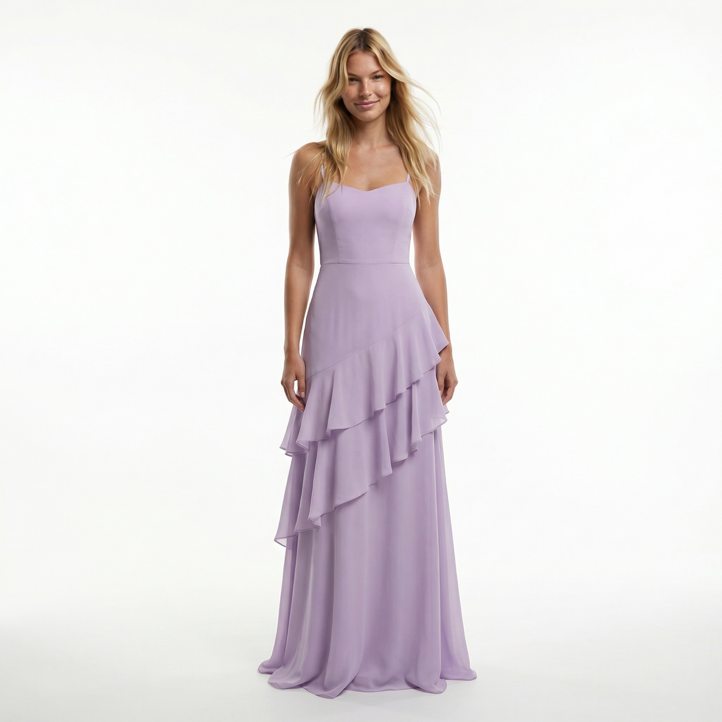Chiffon Sheath Long Dress with Spaghetti Straps and Ruffle Detail 0