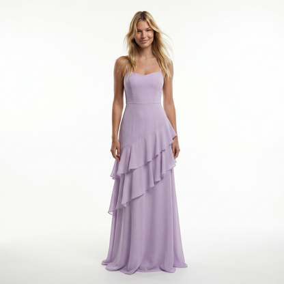 Chiffon Sheath Long Dress with Spaghetti Straps and Ruffle Detail 0