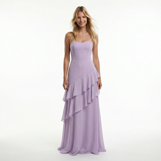Chiffon Sheath Long Dress with Spaghetti Straps and Ruffle Detail 0