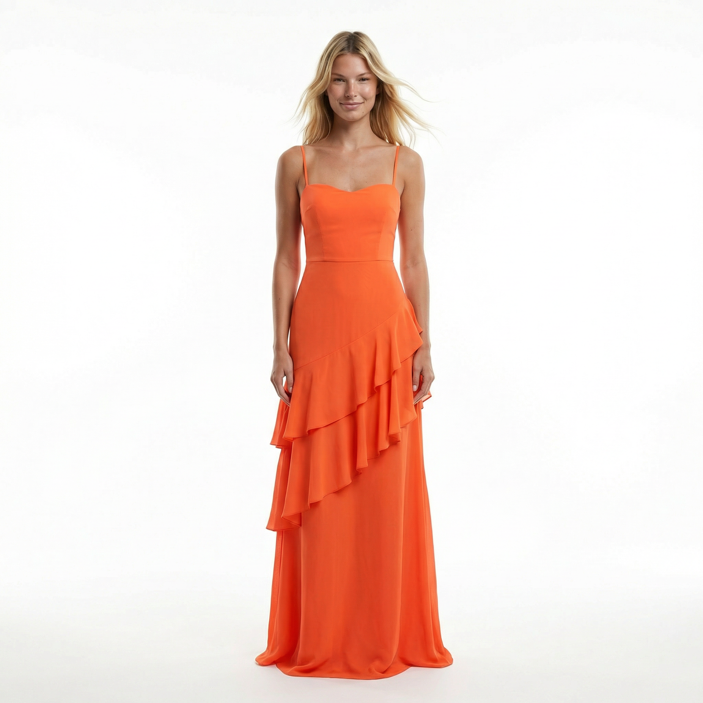 Chiffon Sheath Long Dress with Spaghetti Straps and Ruffle Detail 2