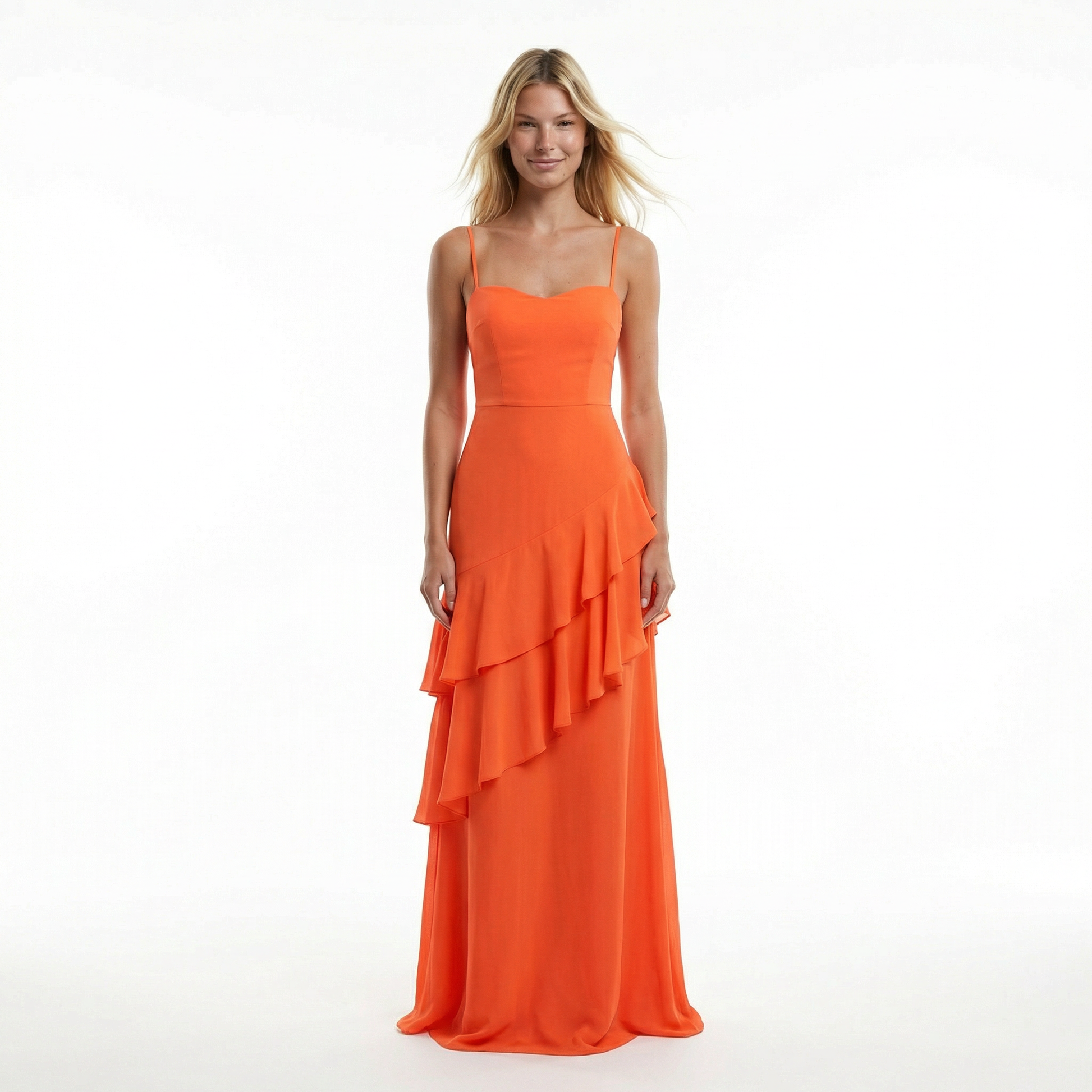 Chiffon Sheath Long Dress with Spaghetti Straps and Ruffle Detail 2