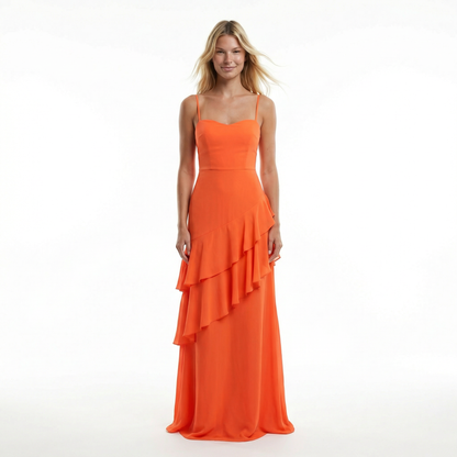 Chiffon Sheath Long Dress with Spaghetti Straps and Ruffle Detail 2