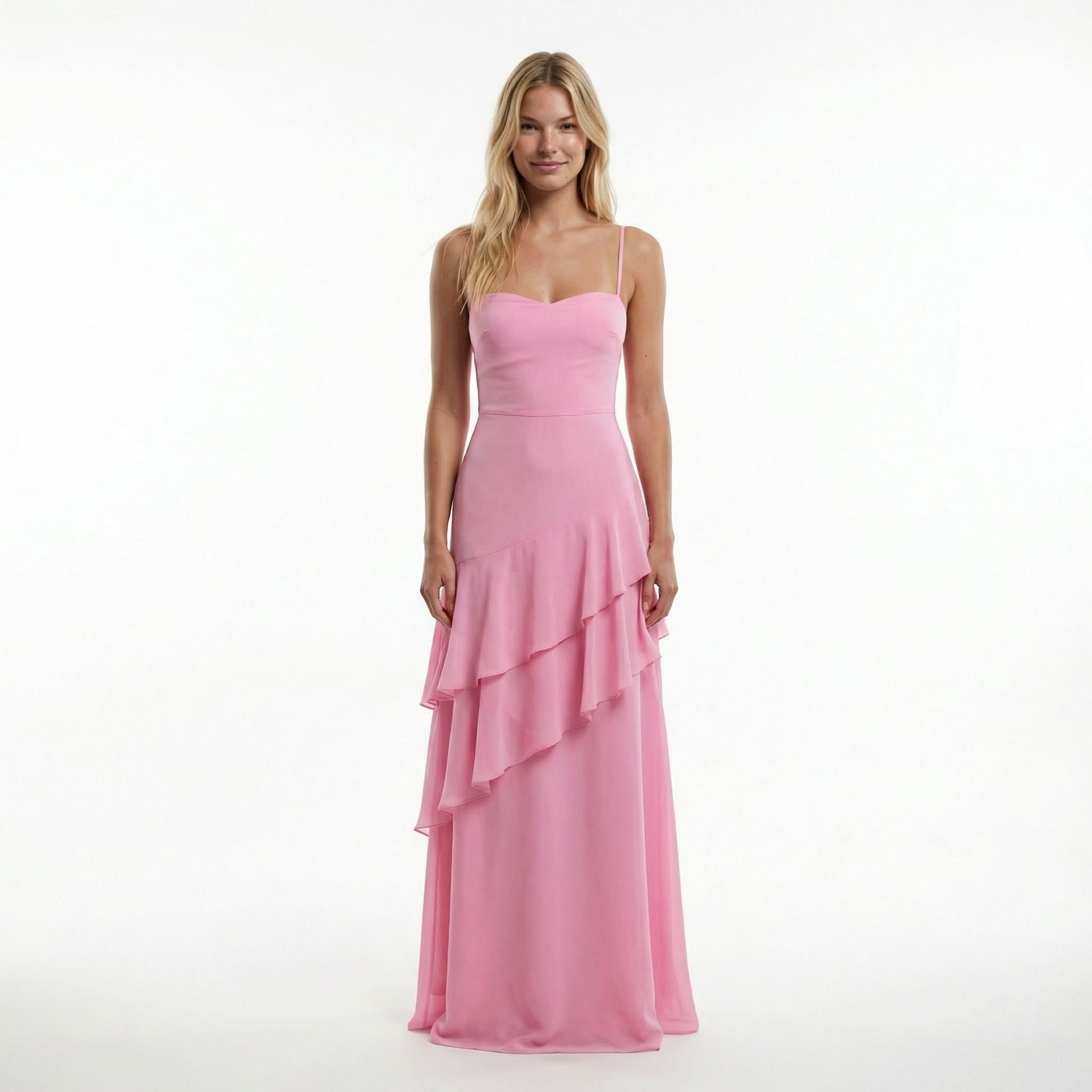 Chiffon Sheath Long Dress with Spaghetti Straps and Ruffle Detail 3