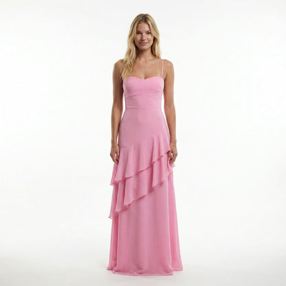 Chiffon Sheath Long Dress with Spaghetti Straps and Ruffle Detail 3