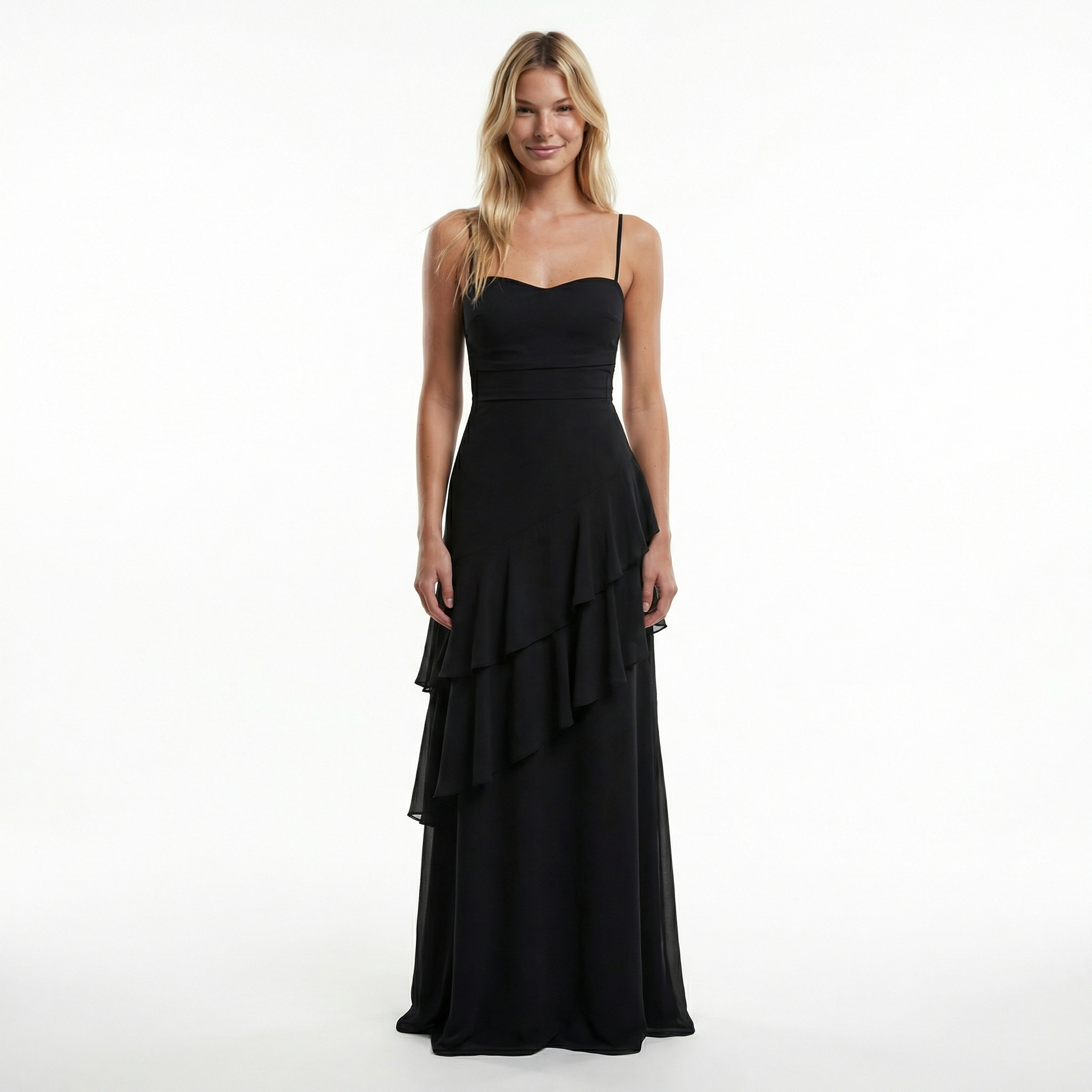 Chiffon Sheath Long Dress with Spaghetti Straps and Ruffle Detail 5