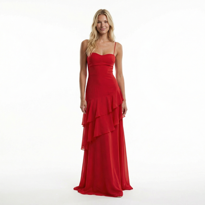 Chiffon Sheath Long Dress with Spaghetti Straps and Ruffle Detail 7