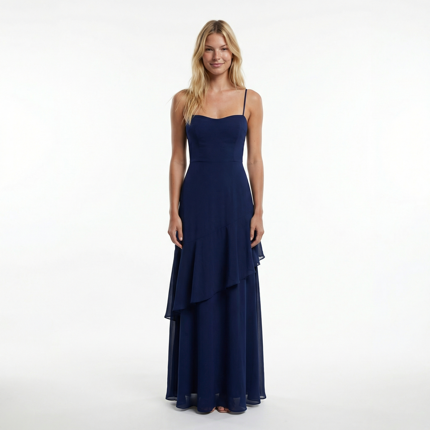 Chiffon Sheath Long Dress with Spaghetti Straps and Ruffle Detail 8