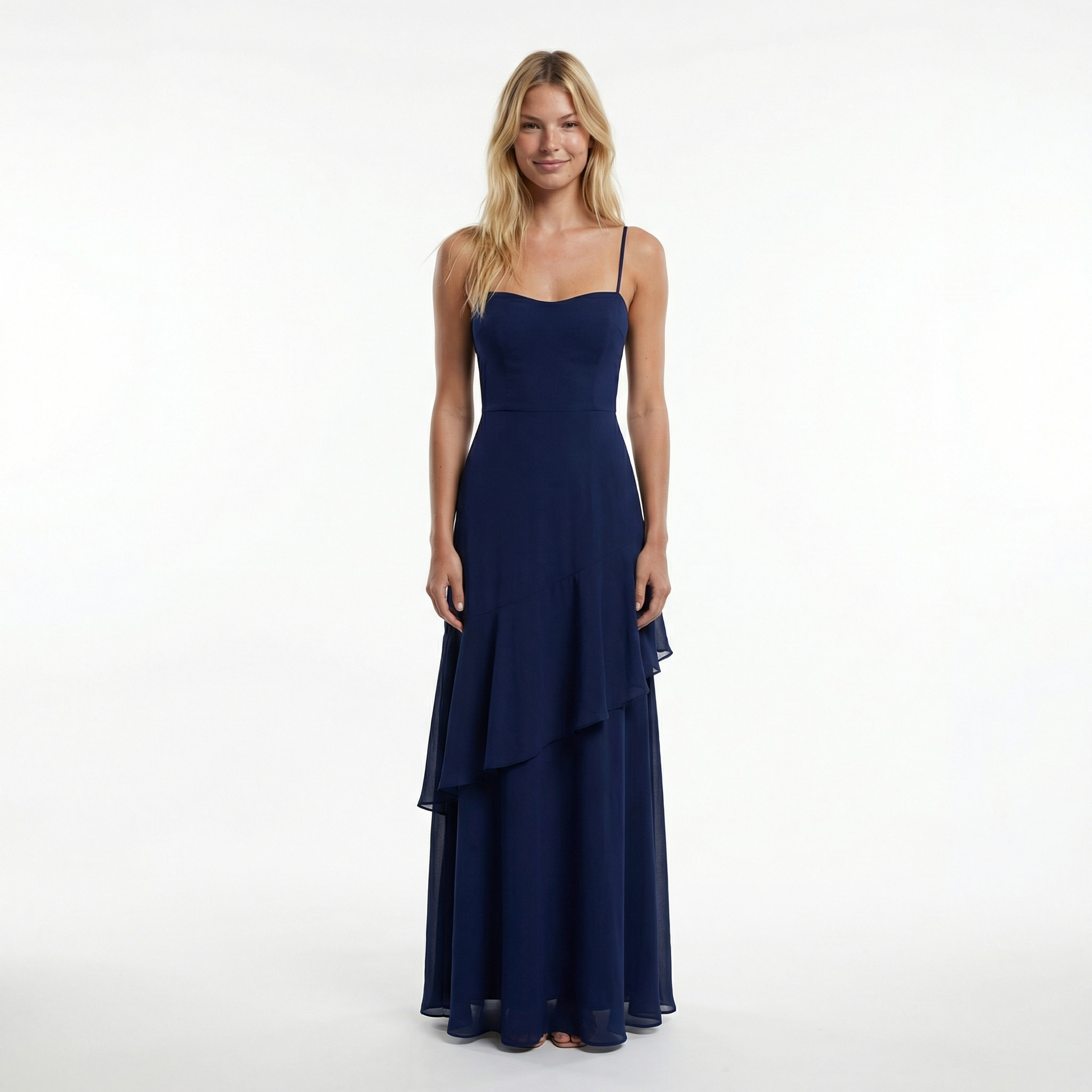 Chiffon Sheath Long Dress with Spaghetti Straps and Ruffle Detail 8