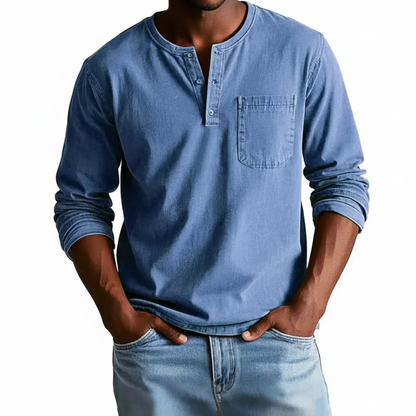 Classic Denim Shirt with Henley Neckline and Chest Pocket Detail 0
