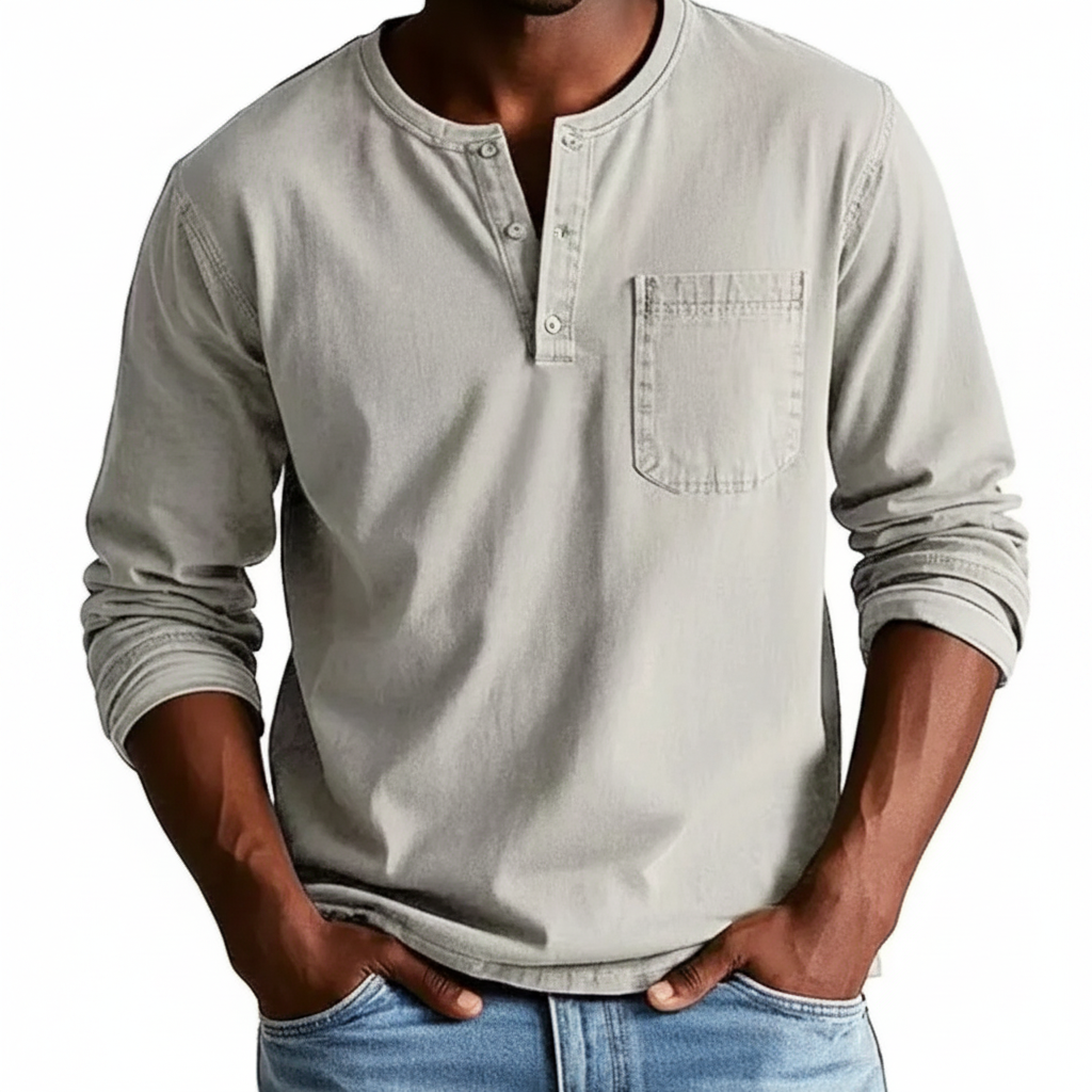 Classic Denim Shirt with Henley Neckline and Chest Pocket Detail 1