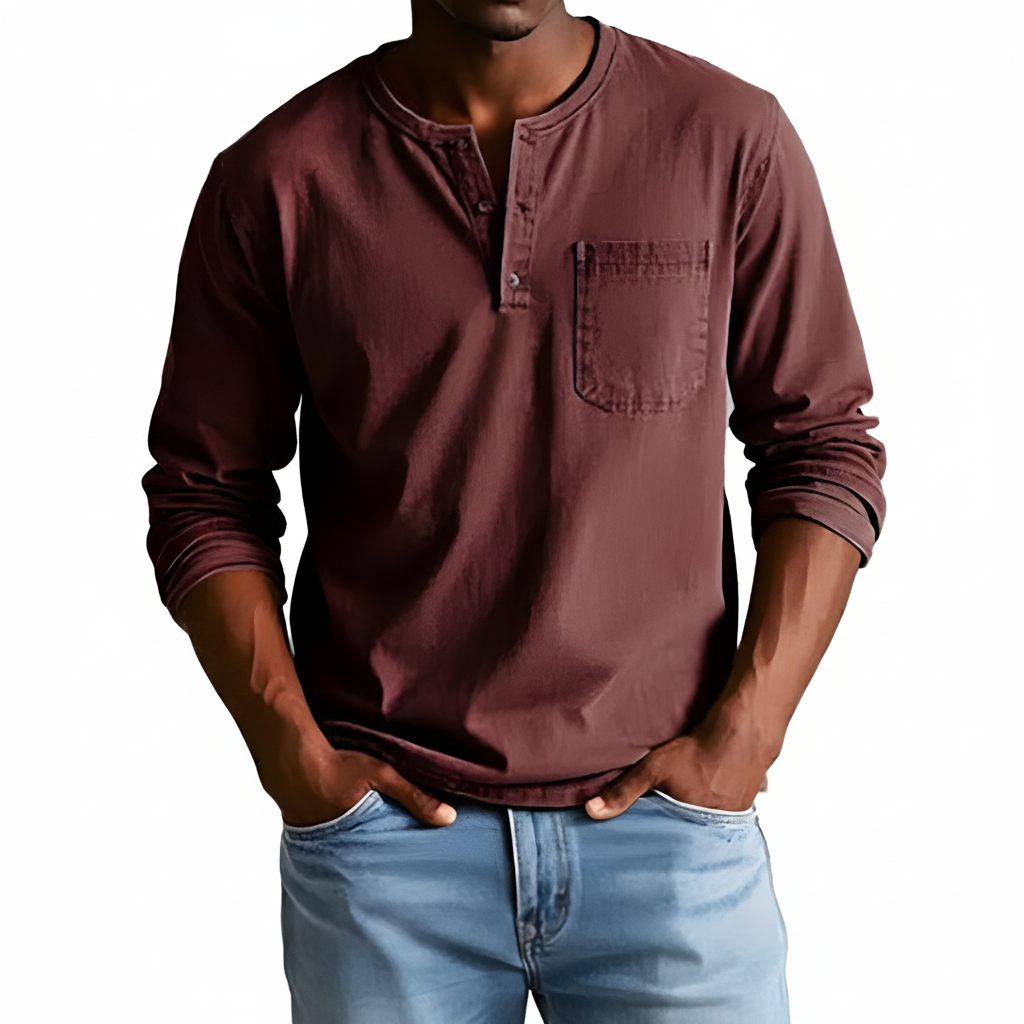 Classic Denim Shirt with Henley Neckline and Chest Pocket Detail 2