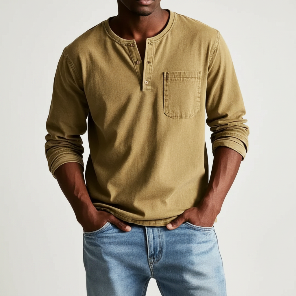 Classic Denim Shirt with Henley Neckline and Chest Pocket Detail 3