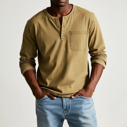 Classic Denim Shirt with Henley Neckline and Chest Pocket Detail 3