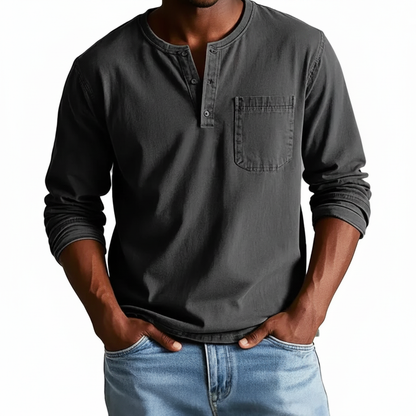 Classic Denim Shirt with Henley Neckline and Chest Pocket Detail 4