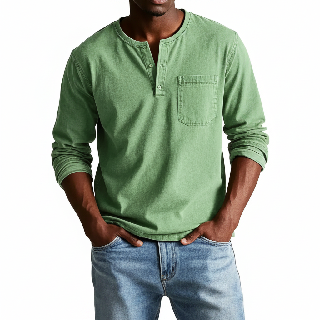 Classic Denim Shirt with Henley Neckline and Chest Pocket Detail 6