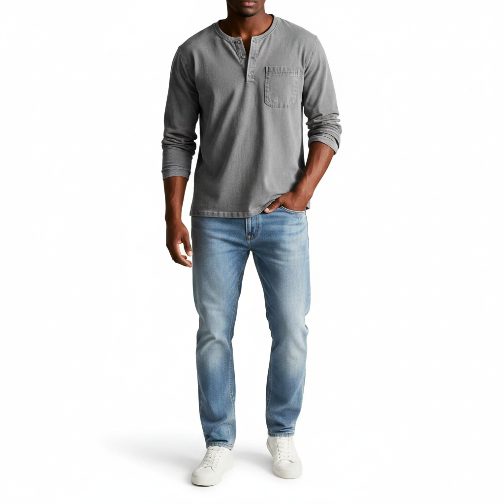 Classic Denim Shirt with Henley Neckline and Chest Pocket Detail 8