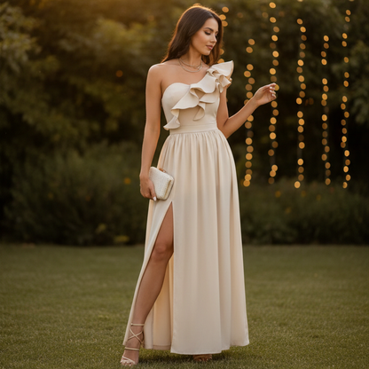 Asymmetric Shoulder Maxi Dress with Ruffle Slit