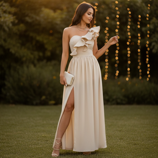 Asymmetric Shoulder Maxi Dress with Ruffle Slit