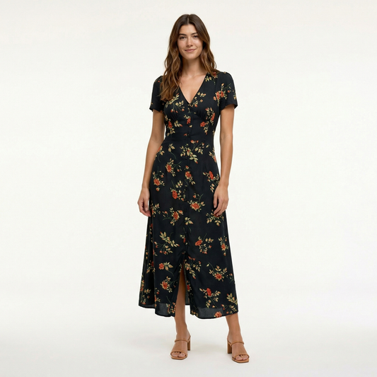 Elegant Black Floral Maxi Dress - Lightweight Summer Dress with V-Neck & Short Sleeves 0