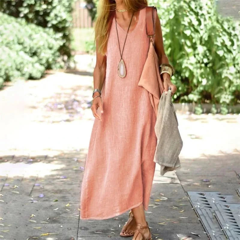 Elegant Cotton Linen Summer Dress - V Neck Sleeveless Casual Gown 2