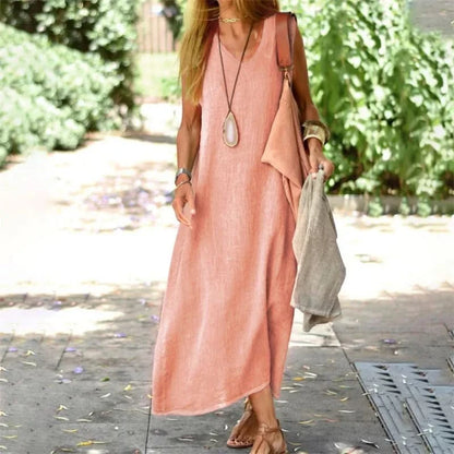 Elegant Cotton Linen Summer Dress - V Neck Sleeveless Casual Gown 2