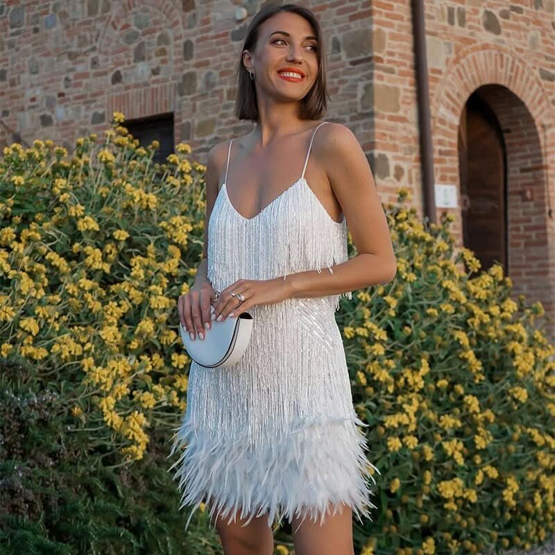 Elegant Mini Evening Dress with Sequined Fabric and Feather Trim for Summer Events 0