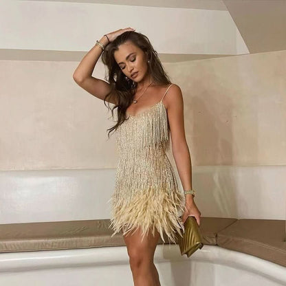 Elegant Mini Evening Dress with Sequined Fabric and Feather Trim for Summer Events 2