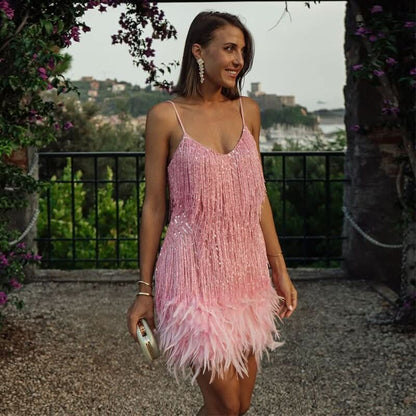 Elegant Mini Evening Dress with Sequined Fabric and Feather Trim for Summer Events 3