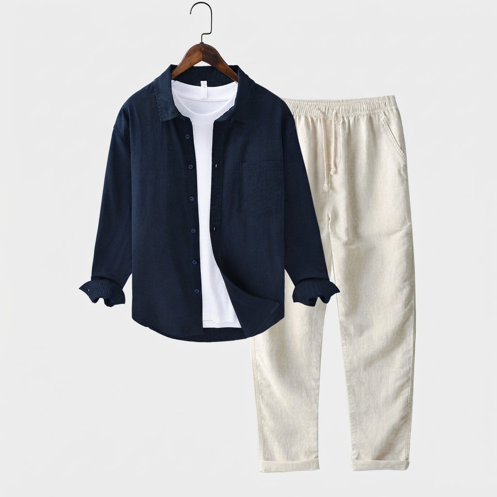 Relaxed Button Front Shirt Matching Pants Two-Piece Set