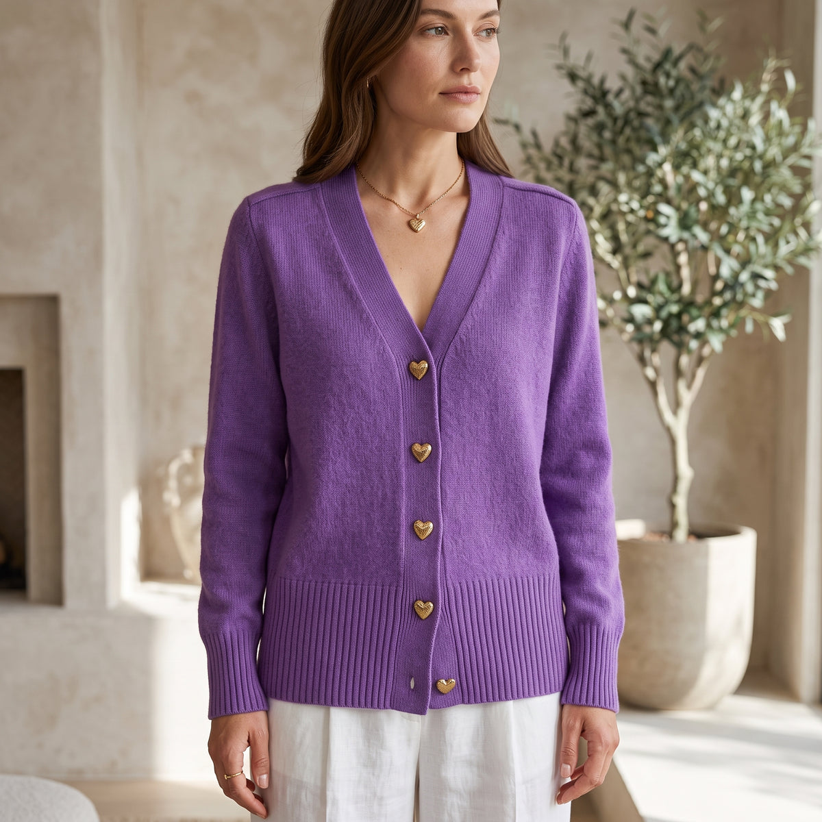 Elegant Heart Button Front V Neck Cardigan