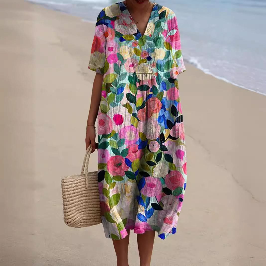 Floral Maxi Dress - Lightweight Summer Dress with V-Neckline & Short Sleeves 0