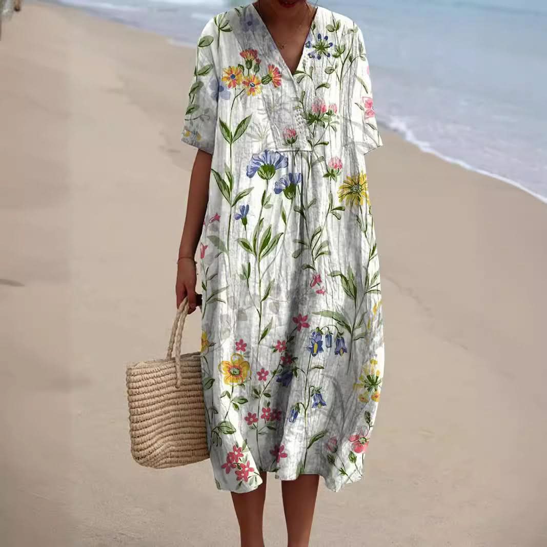 Floral Maxi Dress - Lightweight Summer Dress with V-Neckline & Short Sleeves 1