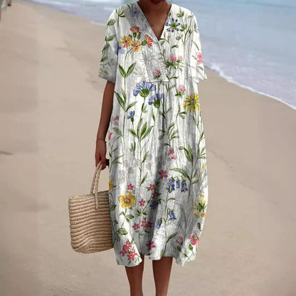 Floral Maxi Dress - Lightweight Summer Dress with V-Neckline & Short Sleeves 1
