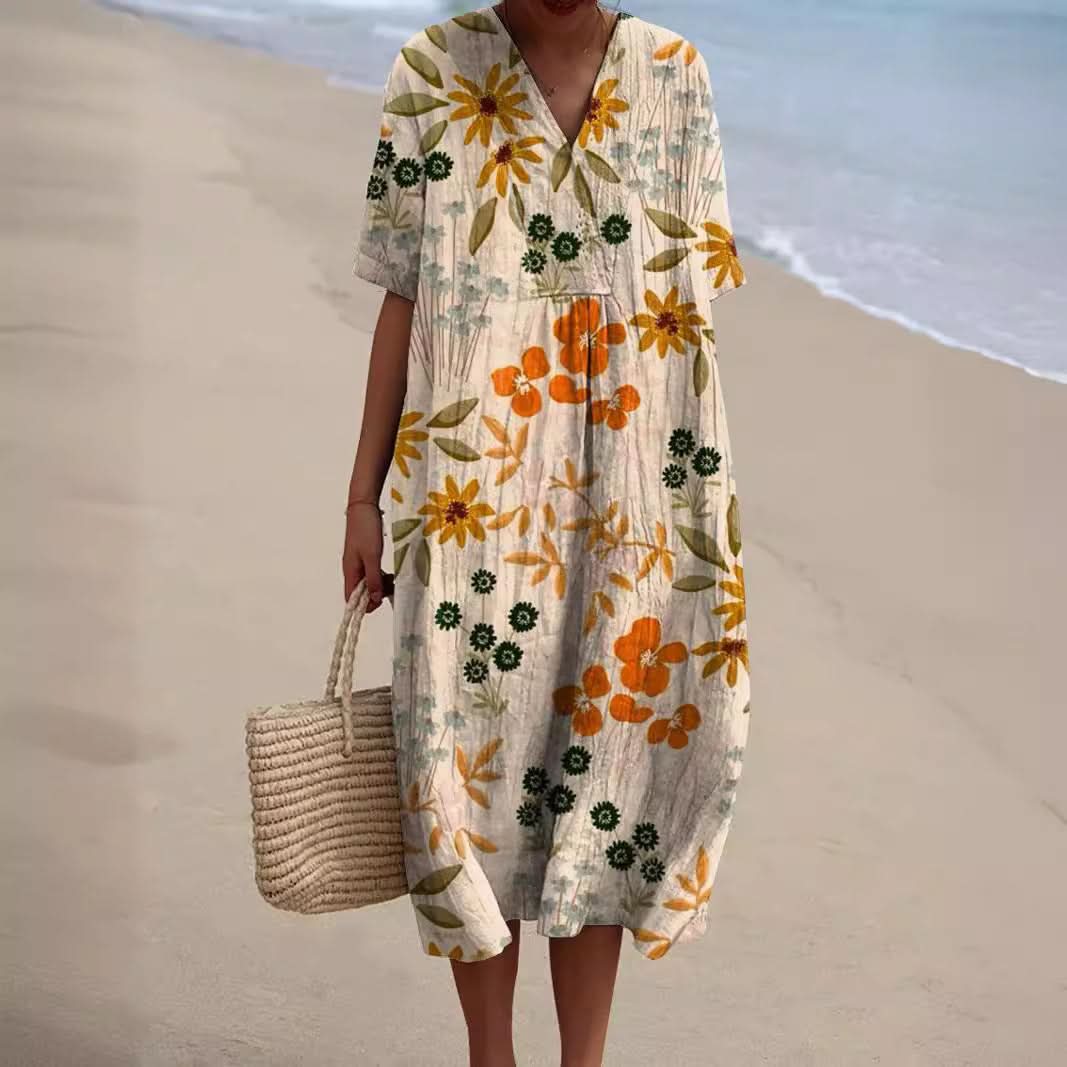 Floral Maxi Dress - Lightweight Summer Dress with V-Neckline & Short Sleeves 2