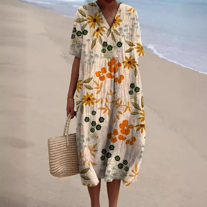 Floral Maxi Dress - Lightweight Summer Dress with V-Neckline & Short Sleeves 2